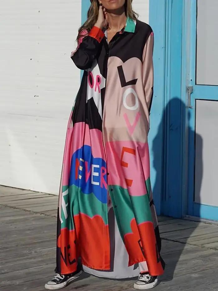 Robe longue décontractée à col rabattu pour femmes, patchwork, imprimé coloré, dame de bureau, robe