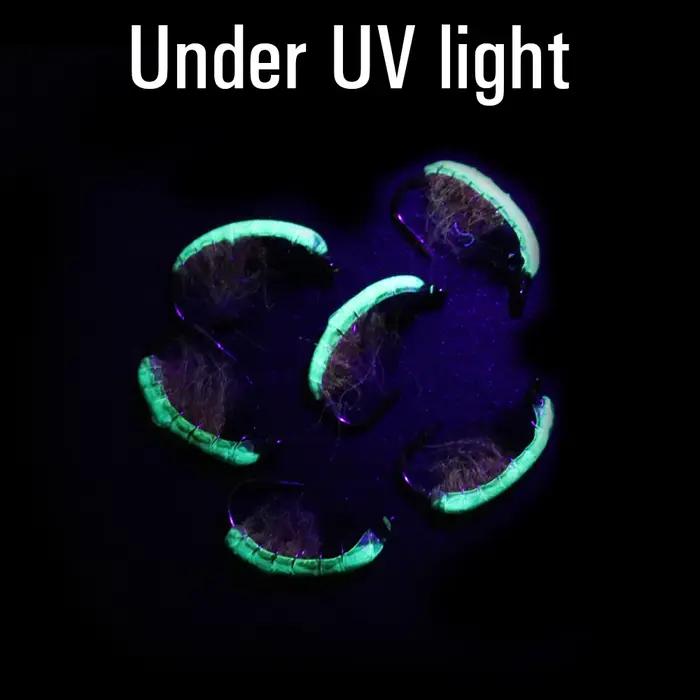ICERIO 6 pièces UV vert dos nymphe Scud Bug ver mouches avec crochet barbelé pêche à la truite mouch