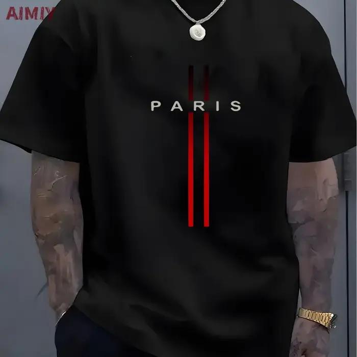 T-shirt à Manches Courtes et Col Rond pour Homme, Haut Décontracté, Imprimé de Lettres PARI, Été
