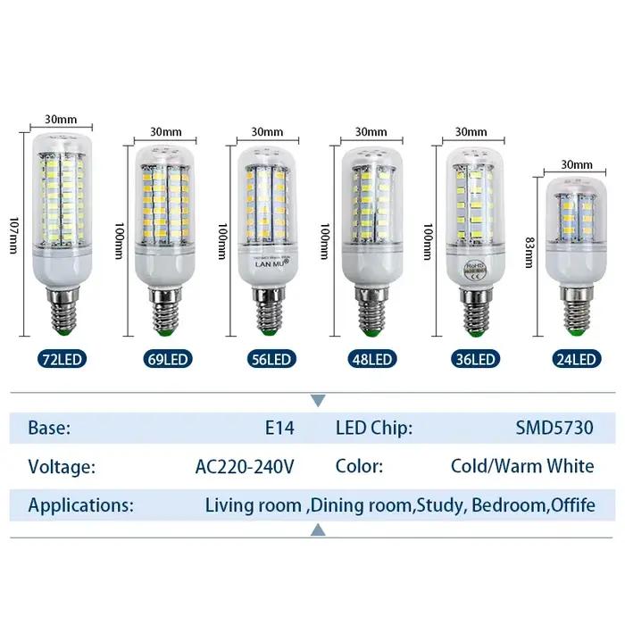 Lampe LED E27 E14 AC 220V 230V 5730SMD, ampoule LED en maïs 24 36 48 56 69 72LED, lustre, bougie, éc