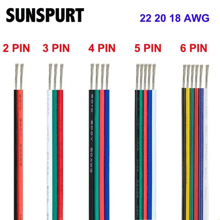 Câble de connecteur Led RGB 5M-100M, 22/20/18awg 2/3/4/5/6 broches, fil d'extension électrique pour