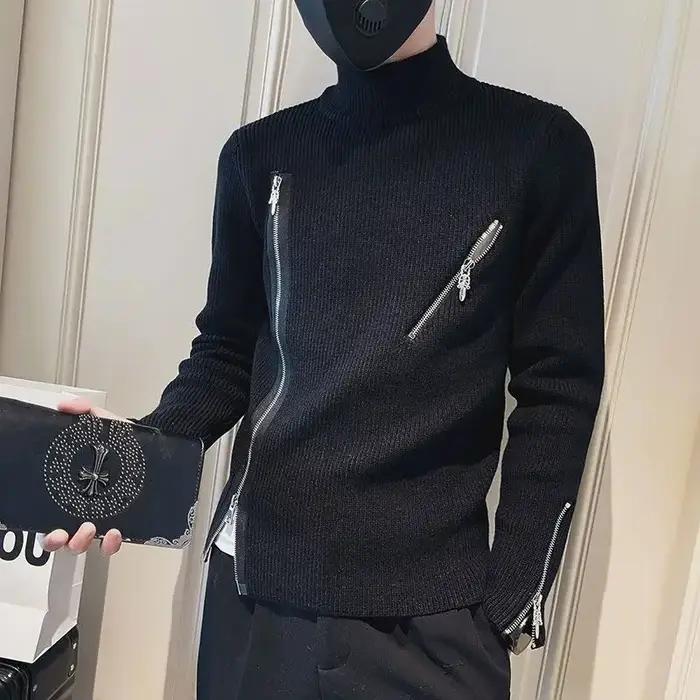 Vêtements de moto pour hommes, pulls à col roulé, pull en tricot avec fermeture éclair, col haut, fe
