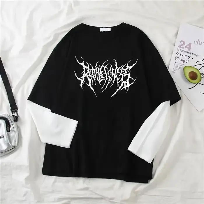 Mode Punk Style foncé imprimé col rond T-shirt Y2K Sport Harajuku mince femmes haut manches longues