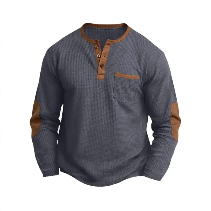 T-shirt Homme Nouvelle Collection Printemps-Automne en Coton Gaufré à Manches Longues et Col Henley – Couleur Unie