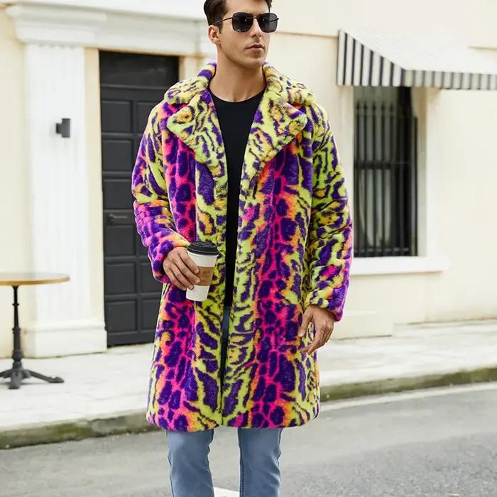 Manteau en fausse fourrure homme léopard coloré décontracté ample pour hiver occasions spéciales