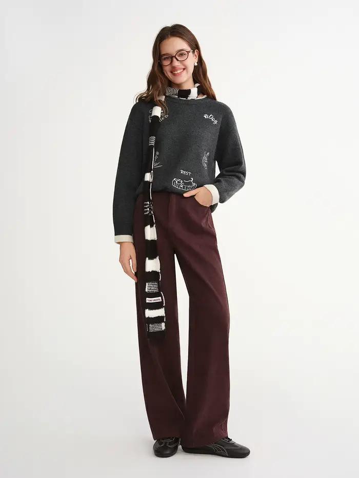 DUSHU 2025 Pantalon droit taille haute à jambes larges pour femme - Pantalon décontracté de bureau a