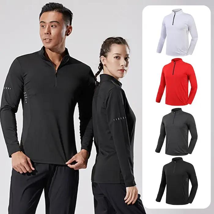 T-shirt de sport à manches longues pour hommes, coupe cintrée, demi-fermeture éclair, col montant, p