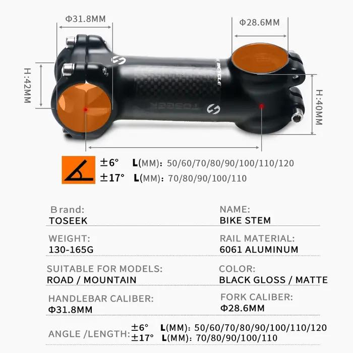 TOSEEK – tige de guidon de vélo vtt en aluminium et carbone, 28.6-31.8mm, angle 6 17, pièces de rech