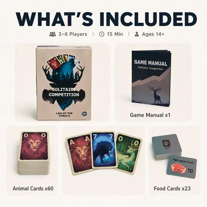 Jeu de cartes de séquence animale, 3-6 joueurs, jeu de stratégie de 15 minutes avec cartes d'animaux, cartes de nourriture et manuel, âge 14 ans et plus.