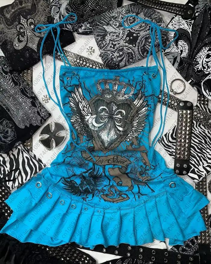Bretelles esthetiques Y2K style gothique bleu pour filles robes sexy mode retro occasion speciale