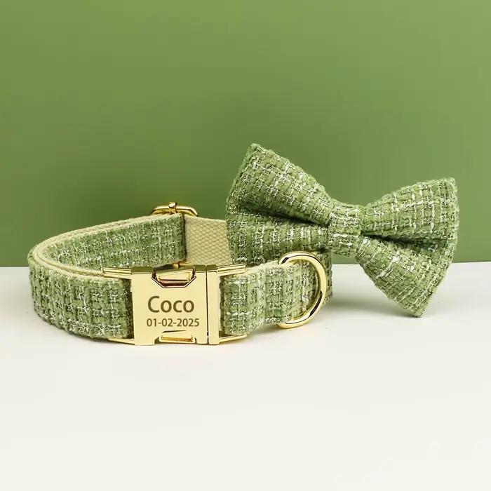 Ensemble collier et harnais vert citron pour chien avec plaque nominative gravée sur mesure