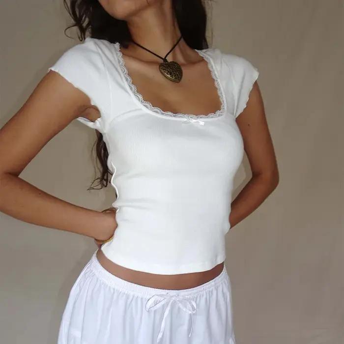 Y2k Vintage bébé T-Shirt Cottage dentelle garniture tricoté