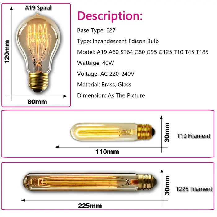 Ampoule Edison rétro E27 40W 220V 110V, pour chambre à coucher, Loft industriel, Vintage, pour décor