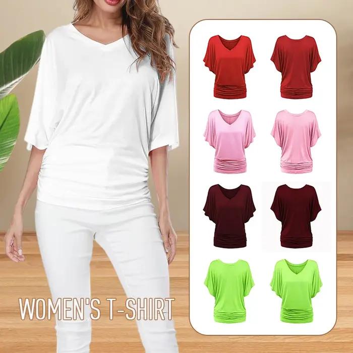 T-shirt chauve-souris classique décontracté, grande taille, col en v, manches courtes, rose, gris, b