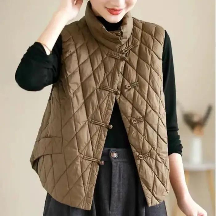 Gilet matelassé en fibre de coton pour femmes, veste légère, gilet design chaud, cardigan vintage, vêtements d'automne et d'hiver