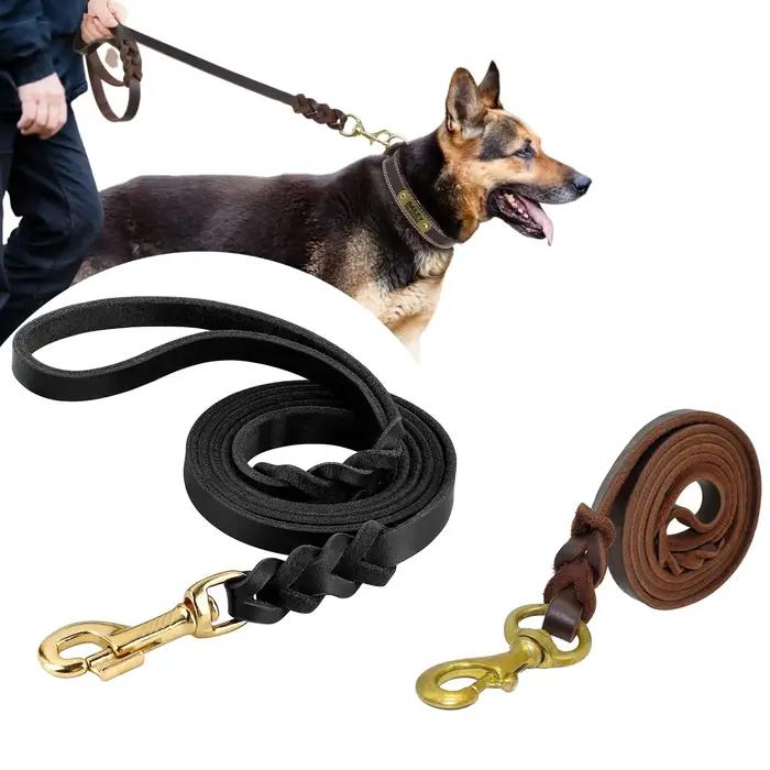 Laisse longue tressée en cuir véritable pour chiens