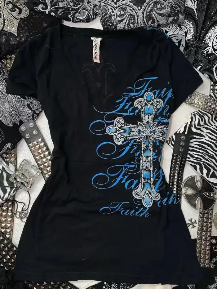 Rock gothique Streetwear lettre croix graphique t-shirts Gyaru 2000s vêtements haut Harajuku femmes col en v