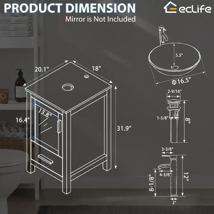 eclife 18 "petit meuble de salle de bain combiné meuble autoportant moderne avec porte et tiroir en