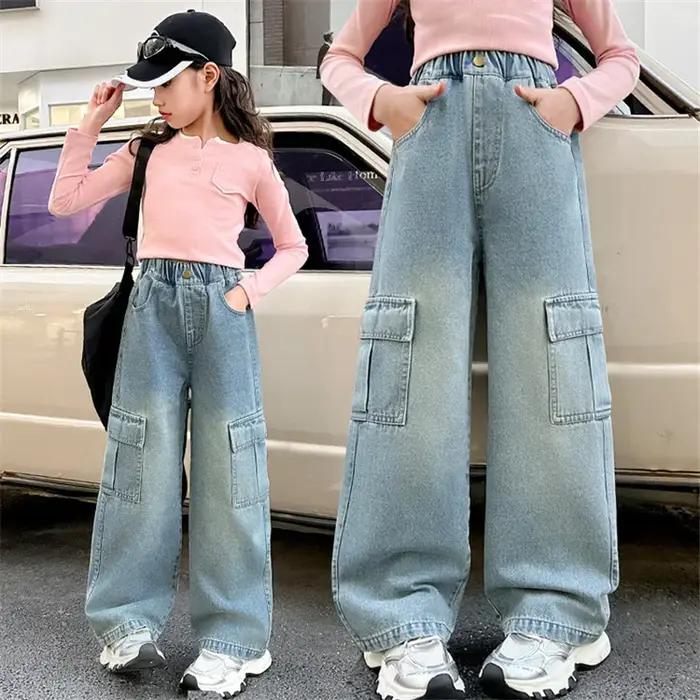 Jeans cargo pour filles, pantalons en denim à jambes larges pour enfants, vêtements de rue tendance