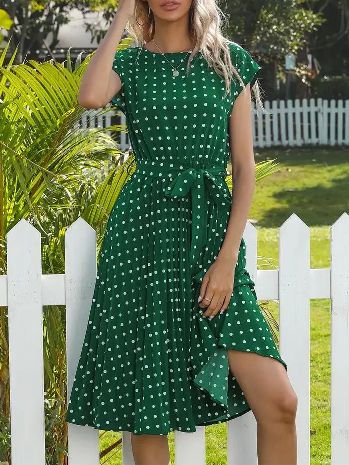 Benuynffy-Robe trapèze ceinturée à pois pour femmes