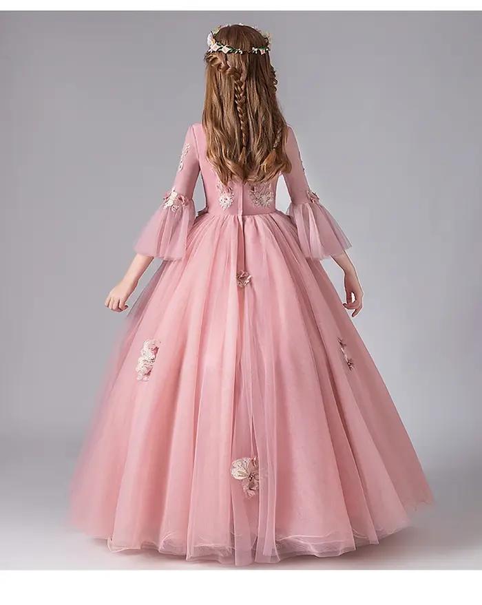 Robe de Demoiselle d'Honneur en Dentelle Rose pour Enfant, Tenue de Princesse à Manches Évasées, de