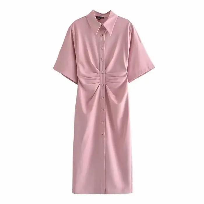 Robe Midi à boutons pour femmes, chemise Vintage, couleur unie, élégante, manches courtes, longue, d