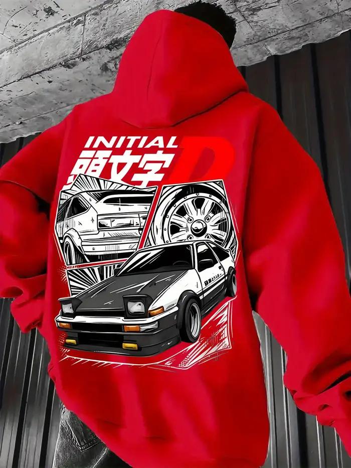 Sweat-shirt à capuche noir avec logo initial D avec illustration de voiture JDM emblématique, pull a