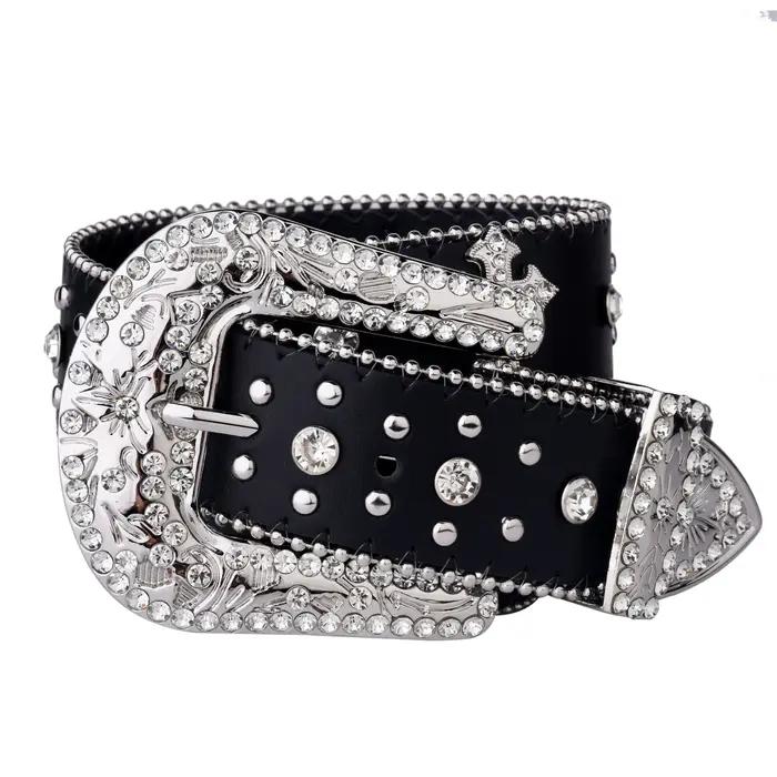 Ceinture à rivets croisés noirs, boucle gravée, décor en strass, ceinture en PU, Hip Hop, pantalon e
