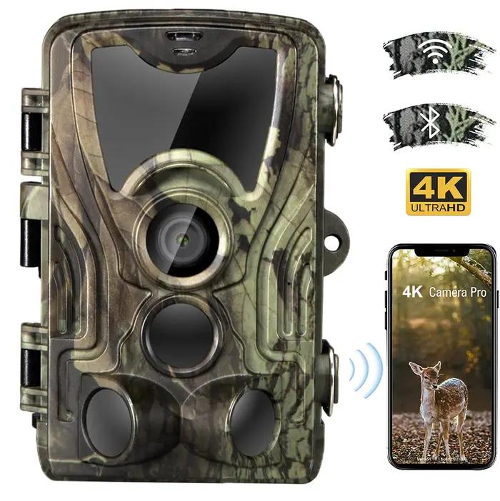 Caméra de chasse 4K avec vidéo en direct, contrôle par application Bluetooth, caméras pour la faune, vision nocturne 30MP, IP66, pièges photo WIFI801PRO