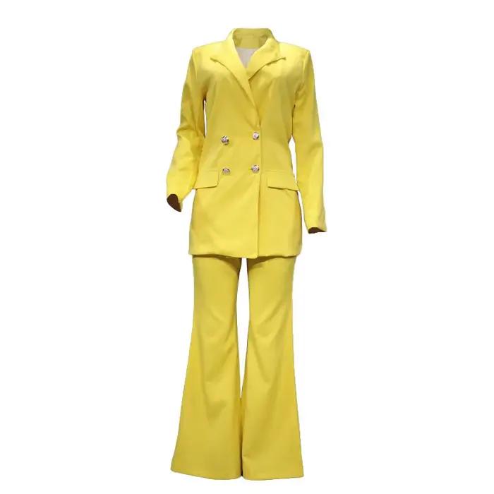 Costume deux-pieces pour femme en polyester solide, tricoté, avec col rabattu, poches pratiques et fermeture double boutonnage pour le bureau et les occasions spéciales
