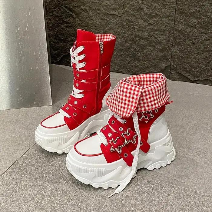Bottes à plateforme pour femmes, nouvelles bottes locomotive à boucle de ceinture à tête ronde, bottes européennes et américaines à semelles épaisses pour femmes, Botas Mujer