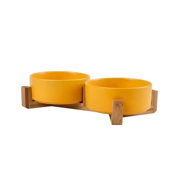 Filles en céramique pour animaux de compagnie avec support en bois, double bol pour chien, mangeoire
