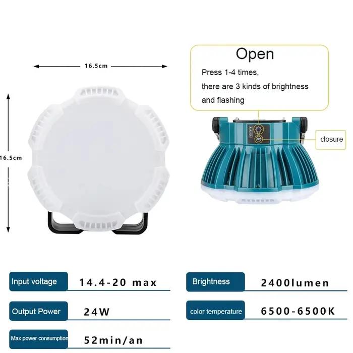 Lampe de travail LED Portable 24W 2400LM avec crochet pour batterie au Lithium Makita/Bosch/Dewalt/M