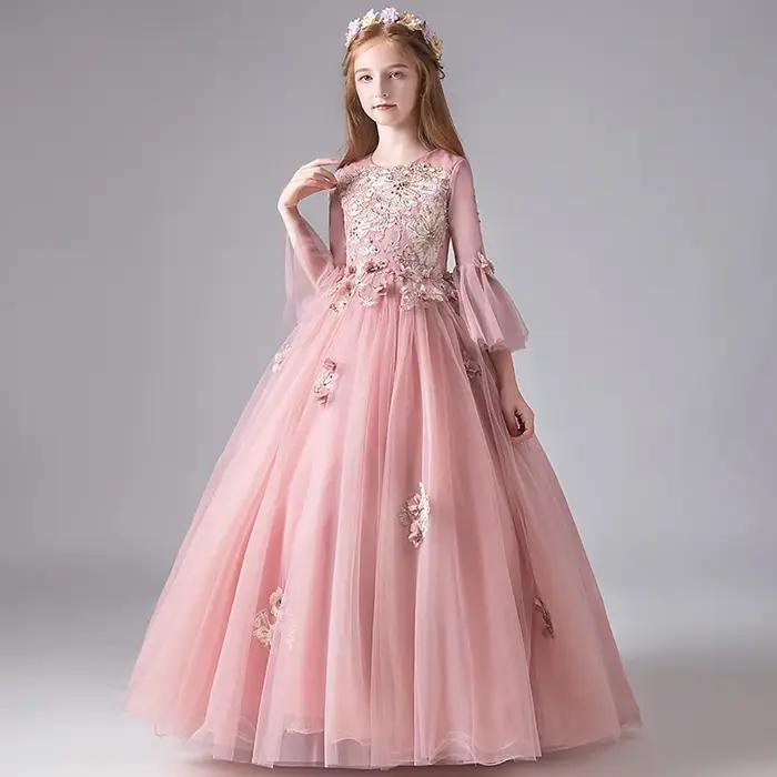 Robe de demoiselle d'honneur en dentelle rose pour enfant, tenue de princesse à manches évasées, de première communion, pour filles, matériau coton polyester, style sport, saison été