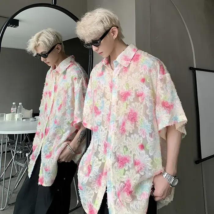 Chemises florales transparentes pour hommes, beau streetwear d'été fin, chemise adt décontractée, vêtements respirants à manches courtes, mode
