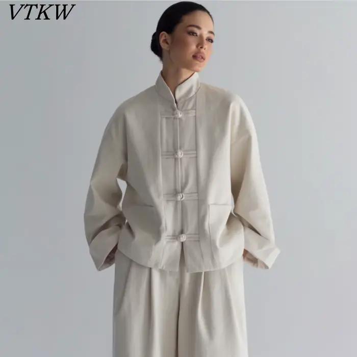 VTKW 2026 Nouvel ensemble veste et pantalon pour femme style chinois, col mandarin, boutons grenouil