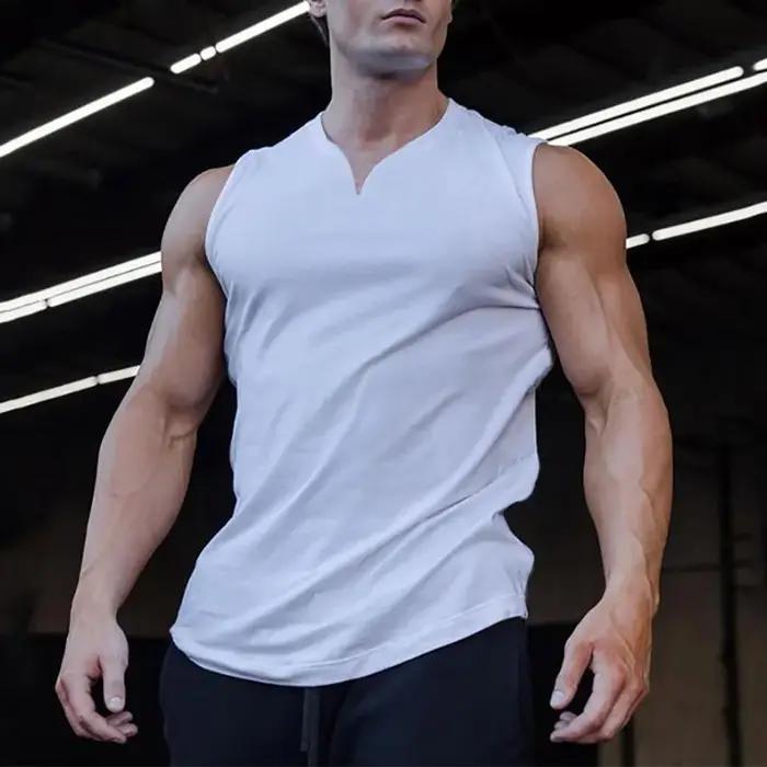 Débardeur d'été en coton respirant à col en v pour hommes, chemise sans manches pour entraînement, c