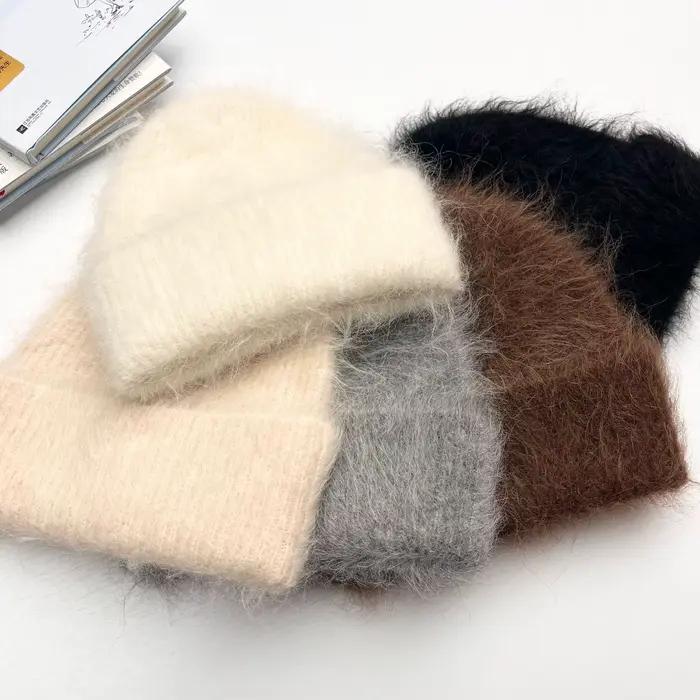 Bonnets en laine d'alpaga moelleux pour femmes, chapeau tricoté chaud, Bonnet d'hiver