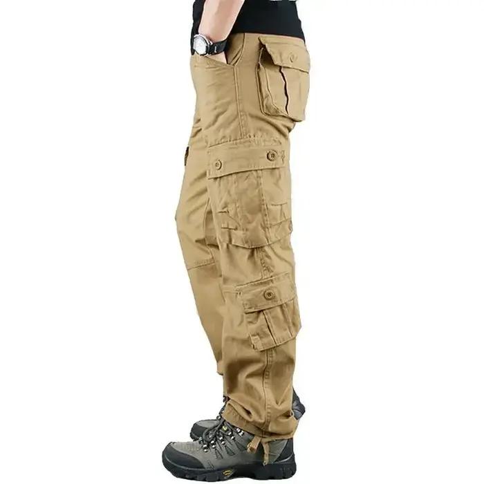 Pantalon cargo homme été printemps automne - Coupe droite ample en coton pur - Multi-poches casual décontracté