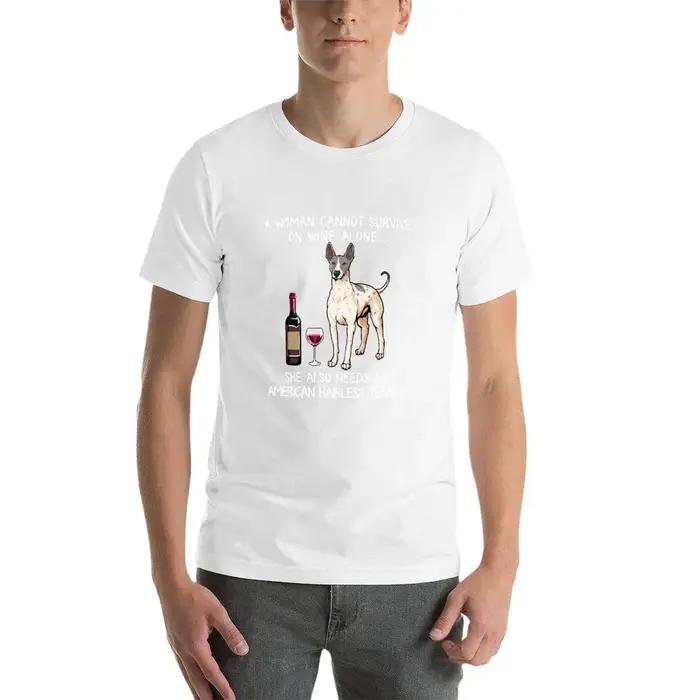 Américain sans poils Terrier et vin drôle chien T-Shirt homme coton homme T-Shirt coton haute qualité T-Shirt