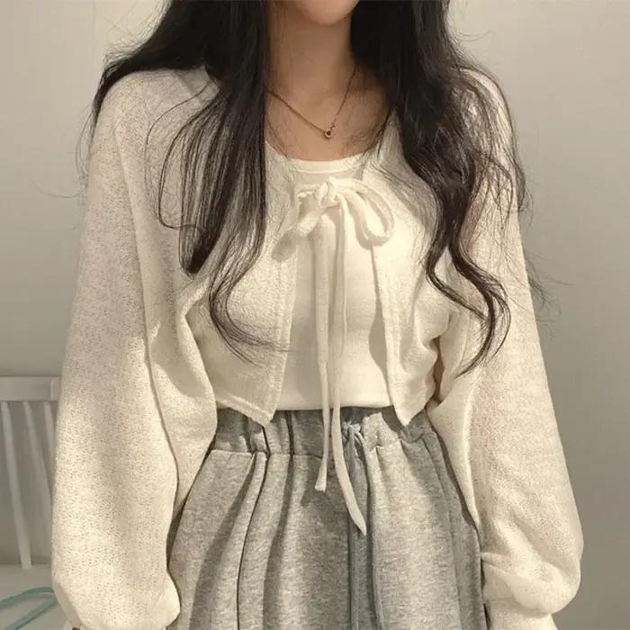 Cardigan Blanc Fin à Lacets pour Femme Tricot d'Été Protection Solaire Mode Coréenne Manches Lanternes Manteau Court Occasions Spéciales