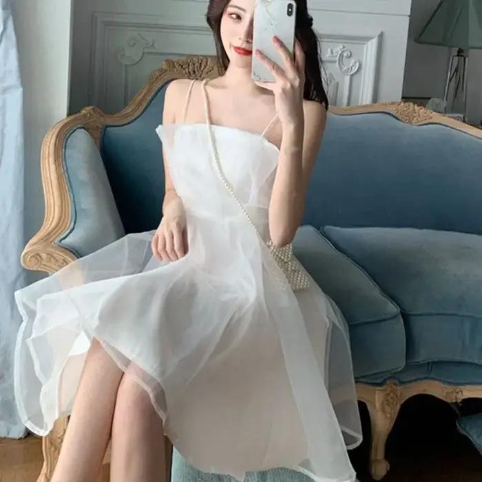 Robe d'été sexy en tulle pour femmes, col licou, française, fine, bretelles fines, rose, mode Joker,