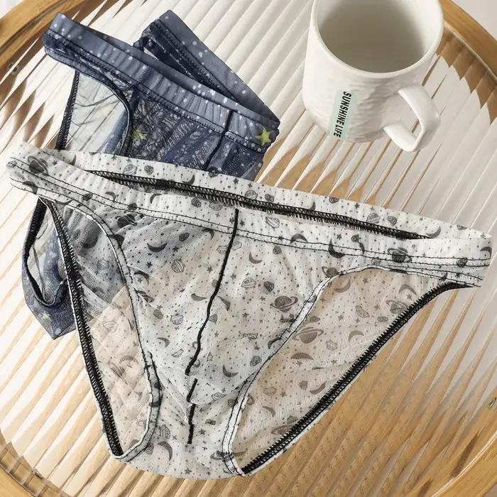 Sous-vêtements pour hommes en maille ultra-fine, imprimés, transparents, sexy avec poche en U, taille basse, confortables et respirants, polyesters et élasthanne, pour toutes les saisons