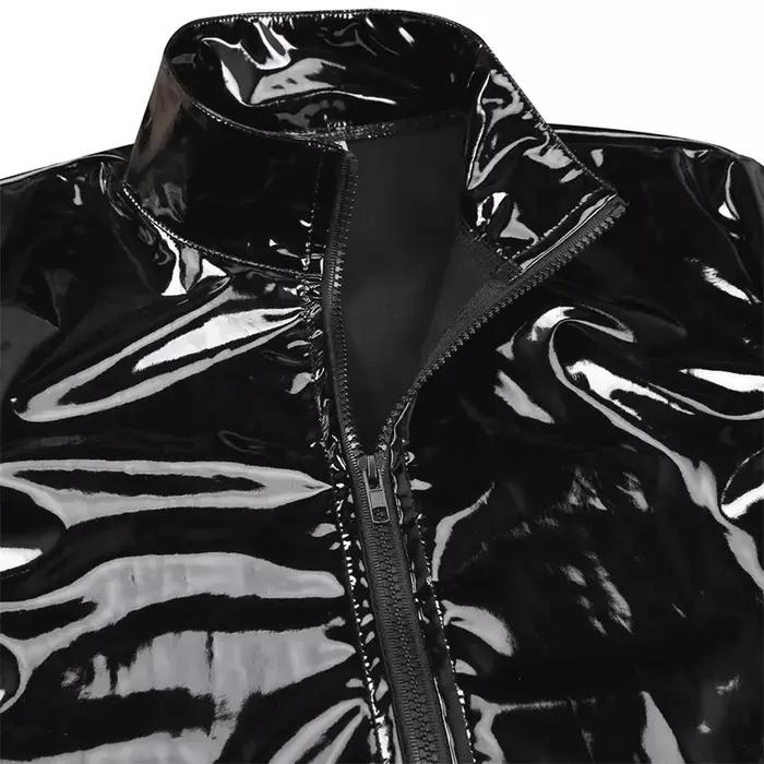 Nouveaux hommes Cardigan à fermeture éclair col montant chemise PVC brillant en cuir verni Sexy serré extensible Latex