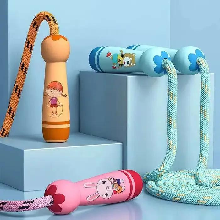 Cordes de Sport réglables en coton pour enfants, Fitness, joli dessin animé, poignée en bois naturel