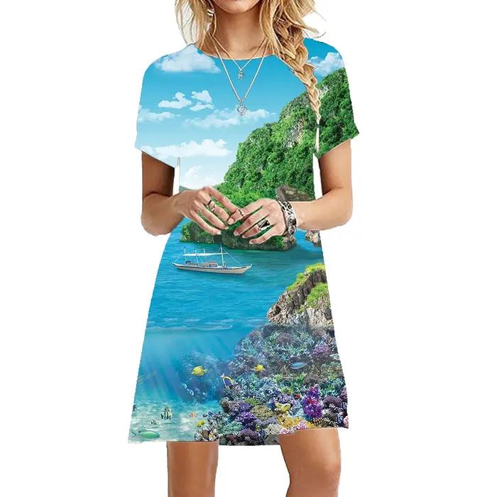 Robe à motif de baleine de mer pour femmes, imprimée en 3D, manches courtes, vêtement de mode pour printemps et été, ample et décontractée, en polyester et élasthanne, pour différentes occasions et styles