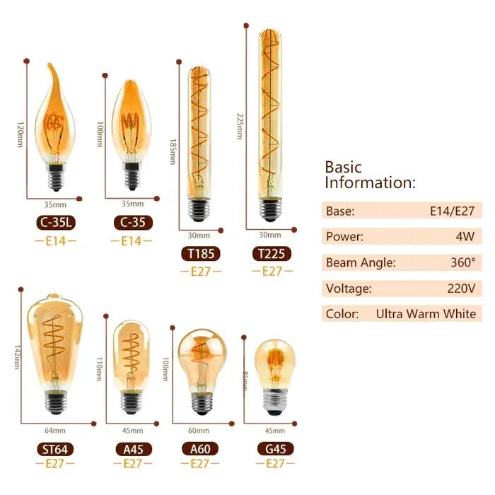 Ampoule LED à filament en spirale rétro A60 C35 ST64 T45 G80 G95 G125 T1225 4W E27 220V Dimmable Lam