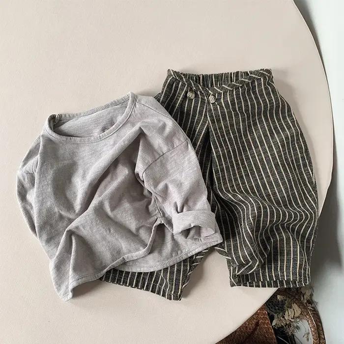 Pantalon rétro rayé en coton et lin pour enfants, pantalon large décontracté japonais, garçons et fi