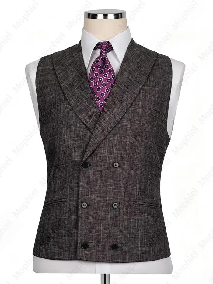 Costume Homme Marron Léger en Lin et Coton à Revers Pointus, Simple Boutonnage, pour Mariage et Affaires, Veste de Smoking + Gilet et Pantalon