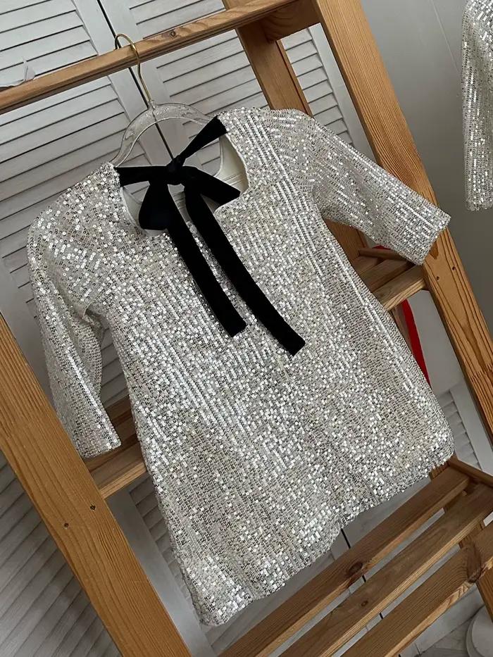 Robe de Soirée Élégante HETISO pour Filles Occasions Spéciales Formelle Mini Robe de Bal Blanc Pailleté Avec Nœud Papillon Noir